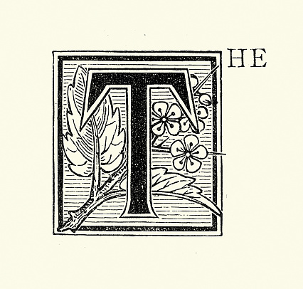 Vintage illustration Ornate Captial letter T Monogram, Floral pattern, The, Victorian 19th Century