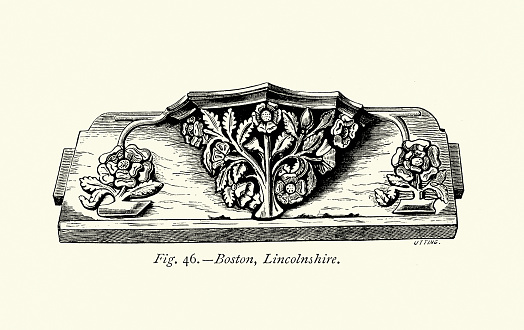 Vintage illustration Rose bush, Medieval English wood carving art, Misereres, Misericord, a small wooden structure formed on the underside of a folding seat in a church
