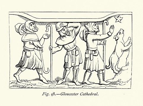 Vintage illustration Three shepherds and their dog following a star, Medieval English wood carving art, Misereres, Misericord, a small wooden structure formed on the underside of a folding seat in a church