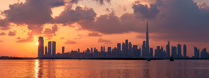 banner of sunset view of Dubai Downtown cityline from Dubai Creek harbour. High quality photo
