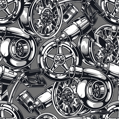 Car parts seamless pattern monochrome with wheel rims near engine with turbo mode and refueling nozzles vector illustration