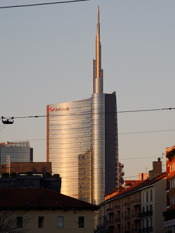 Milan, Italy - November 28, 2023: Historic and modern buildings along via San Marco in Milan, Lombardy, Italy