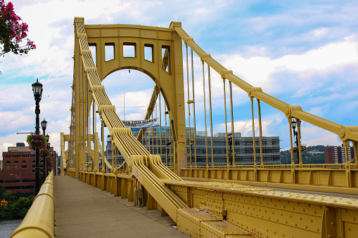 Pedestrian walkway on the Andy Warhol Seventh Street Bridge in Pittsburgh Pennsylvania.