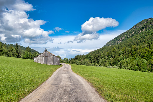 Road along green meadow leading to an old wooden hut. Rural scenery with forest hills against blue sky. Bavaria, Germany, Europe.
