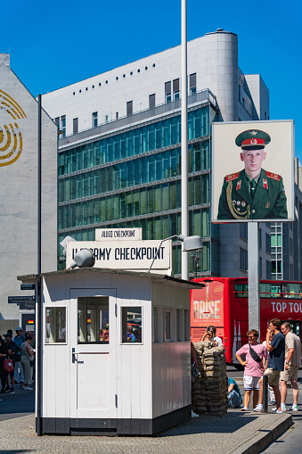 Checkpoint Charlie, a symbol of Cold War in Berlin, Germany