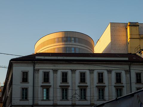 Milan, Italy - November 28, 2023: Exterior of Teatro alla Scala, historic opera theatre of Milan, Lombardy, Italy