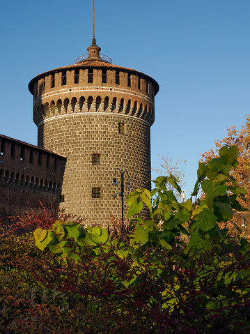 Milan, Italy - November 28, 2023: The medieval castle known as Castello Sforzesco in Milan, Lombardy, Italy