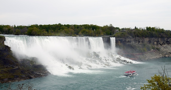 Aesthetic perception of beauty and grandeur of waters of Niagara Falls. Cruise Niagara River aboard ship. Enjoyment from aesthetic perception of breathtaking landscapes. Beauty concept
