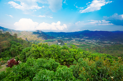 Panorama view into landscape from Phu Langka at lookout in northeast Thailand, National Park in Bueng Kan.