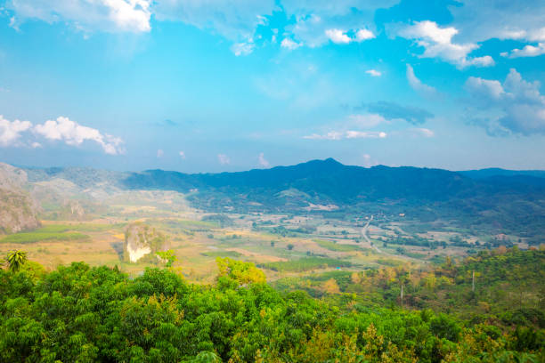 Landscape around and below mountain  Phu Langka  lookout in northeast Thailand at late afternoon, National Park in Bueng Kan.