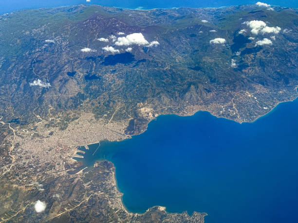 An aerial view of Thessaloniki in Greece taken from an aircraft window.