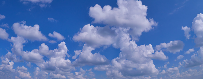 A beautiful panorama of blue sky with white fluffy clouds. Made from several stitched frames from a 1DsMkIII.