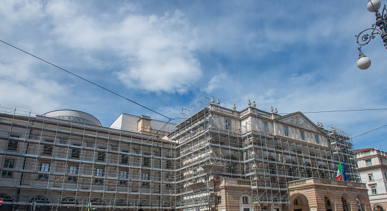 Milan Italy 20 April 2024: Teatro alla scala with scaffolding for facade renovation