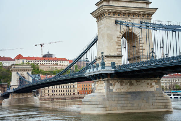Panoramic view on skyline of Budapest city with Chain Bridge along Danube River. Architecture of capital of Hungary with historical buildings and famous landmarks