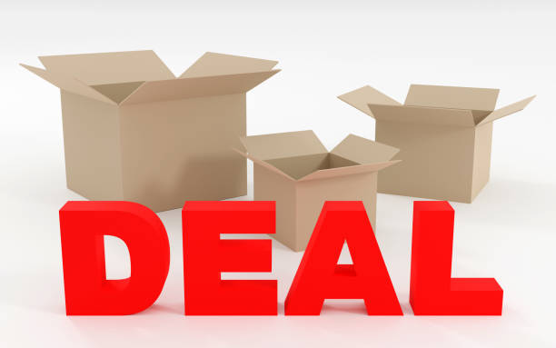 istock Luxury red inscription deal with empty boxes, soft light, light background, 3d render 2149719585