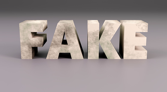concrete sign saying Fake news online internet media Deception and propaganda journalism 3D render illustration