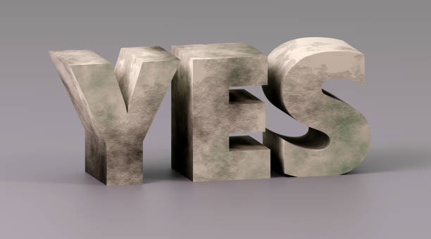 istock Inscription concrete yes on grey podium, soft light, front view smooth background, 2149720758