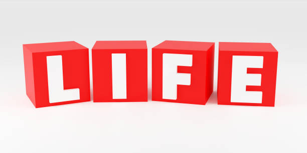 istock 3d render sign life on red cubes and light background. Simple minimalism concept. 2149720859