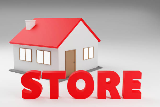 istock 3d alphabet tiny house letters Store on grey background, 3d render, sign nature 2149721351