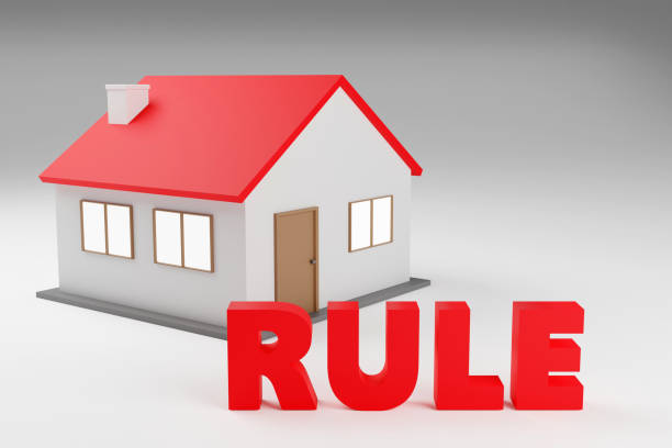 istock Luxury inscription rule on grey podium with small house, soft light, smooth background, 3d rendering 2149721352