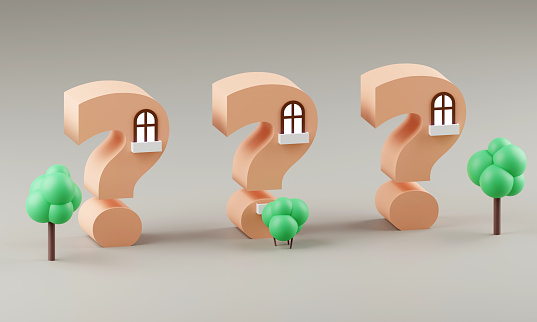 3d Cute little houses on grey background saying question marks. 3D render Illustration