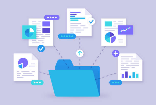 illustrazioni stock, clip art, cartoni animati e icone di tendenza di database file di documenti server gestione delle cartelle di file condivisione del team - documenti