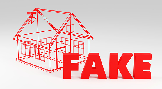 Wireframe house and sign saying Fake news online internet media Deception and propaganda journalism 3D render illustration