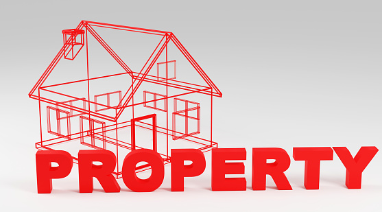 Words property placed over wireframe house 3d rendering illustration