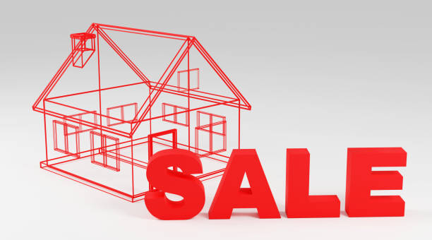 istock Luxury red inscription Sale with Wireframe house on grey podium, soft light, smooth background, 3d rendering 2149721719