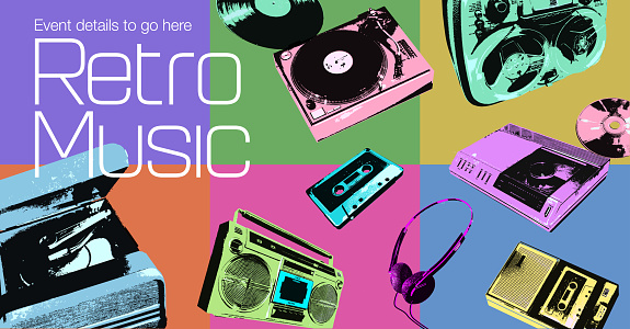 Posterised or Pop Art styled Retro Record Players, CD players, Tape recorders, Cassette Players, Vinyl Records, Compact discs