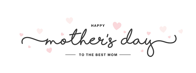 Happy Mother's Day black handwritten typography with pink hearts isolated on white background