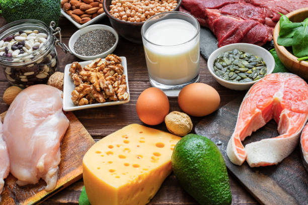 Protein food. High vegetable and animal protein sources. Fish, meat, poultry, nuts, cheese, eggs, seeds, vegetables and milk. Healthy eating and balanced food concept. Keto and low carb diet