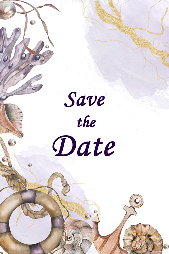Marine-themed Wedding Invitation card. Seashells, Seaweed, Lifebuoy, Ropes. Watercolor illustration. in Lilac colors. for design invitations, postcards, travel lists, logos travel agencies.