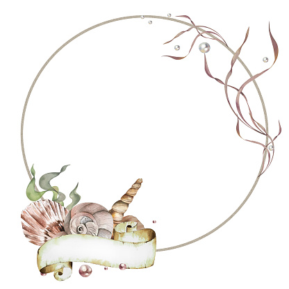 Composition Seashell, Algae, Seaweed, Pearls, Corals. round Frame. Watercolor illustration. isolated. For fabric, textiles, clothing beach, summer accessories, business cards, logo travel agencies