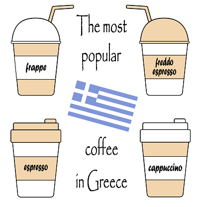 Set of the most popular coffee in Greece: frappe, freddo espresso, espresso, cappuccino. Flat vector illustration isolated on white background with Greek flag.