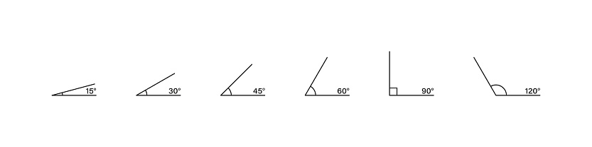 Degree angle lines set. Line angular degrees. Geometric rotation measure.