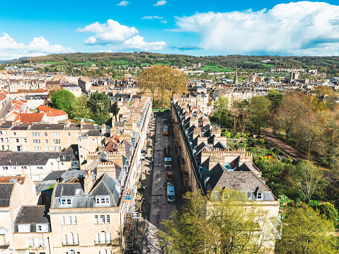 Drone view of historic Bath in UK