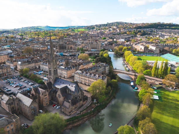 Drone view of historic Bath in UK