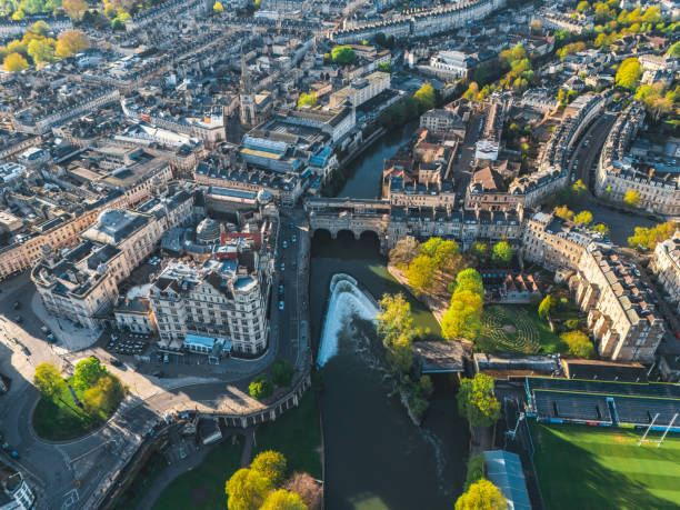Drone view of historic Bath in UK