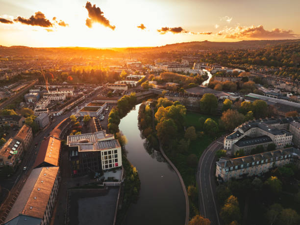 Drone view of historic Bath in UK