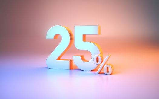 3d render 25 Percent Sign sitting on Metallic Blue and Pink Background (Close-up)