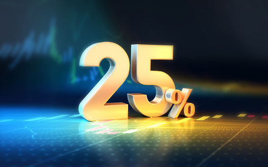 3d render 25 Percent Sign sitting on Finance chart (Depth Of Field)