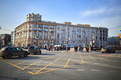 Moscow, Russia - March 31, 2024: Nikitsky Gate Square in sunny day. The square is located on the Boulevard Ring, the name has been known since the XVIII century.