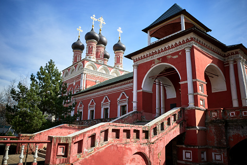 vivid red church view in Moscow, Russia