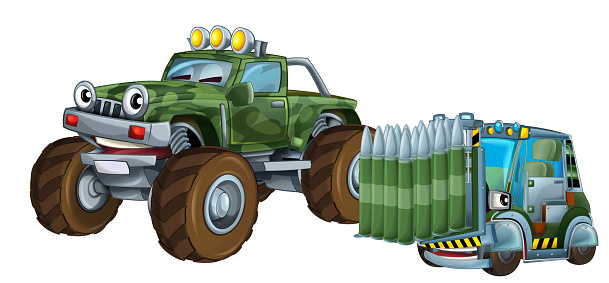 cartoon scene with two military army cars vehicles with forklift theme isolated background illustration for kids