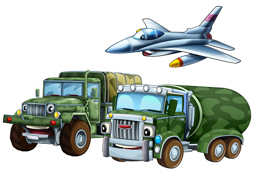 cartoon scene with two military army cars vehicles and flying jet fighter plane theme isolated background illustration for kids