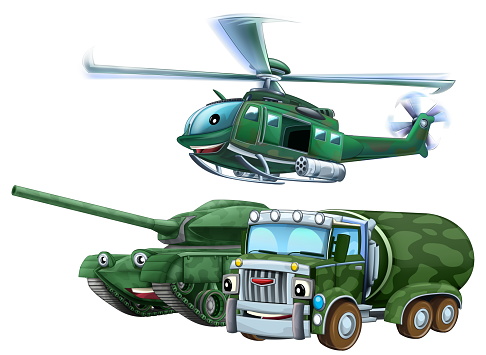 cartoon scene with two military army cars vehicles and flying helicopter theme isolated background illustration for kids