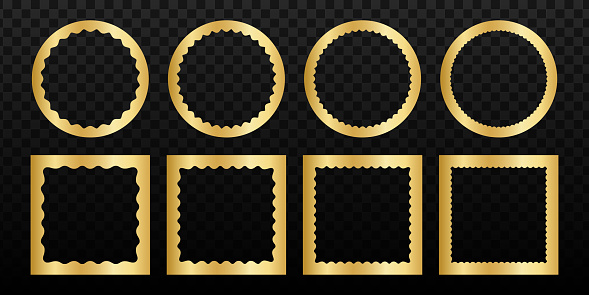 Set of shining golden square and round mirror, photo or picture frames with wiggly inner borders. Decoration design elements, stickers or tags isolated on dark background. Vector illustration.