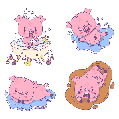 Cute funny bathing pig collection. Smiling piggy in bath, smiling happy one is splashing in water and unhappy one is crying in dirty puddle. Isolated cartoon animal character. Vector illustration