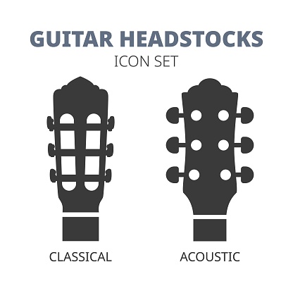 Guitar headstock black silhouette icon set. Classical guitar and acoustic guitar. Types of headstock vector illustration. Icon for studio web, app, infographic